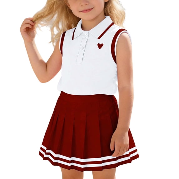 xfsWaSs Little Girls Clothes Toddler Outfit Sleeveless Polo Shirt Summer Tank Tops Pleated Skirt 2 Piece Set Preppy Style Kids Clothing Sets 6-7 Years