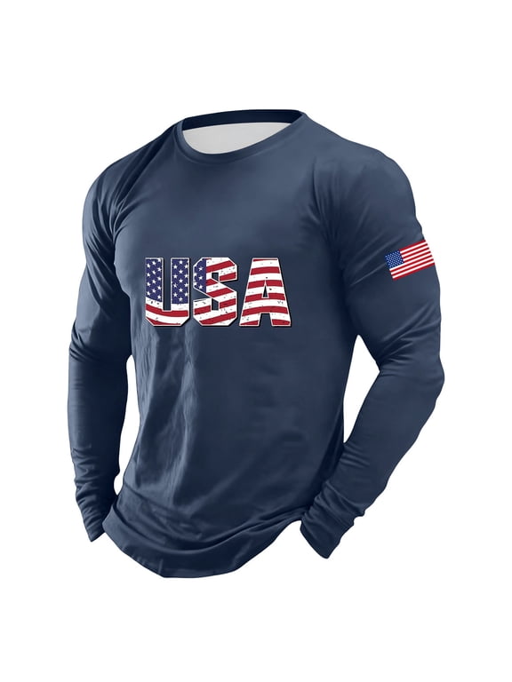 Men's American Flag T Shirt Long Sleeve Crewneck T Shirts Patriotic Print Casual Tee Shirt Independence Day Stylish Tshirt Tops Men Shirts Tees