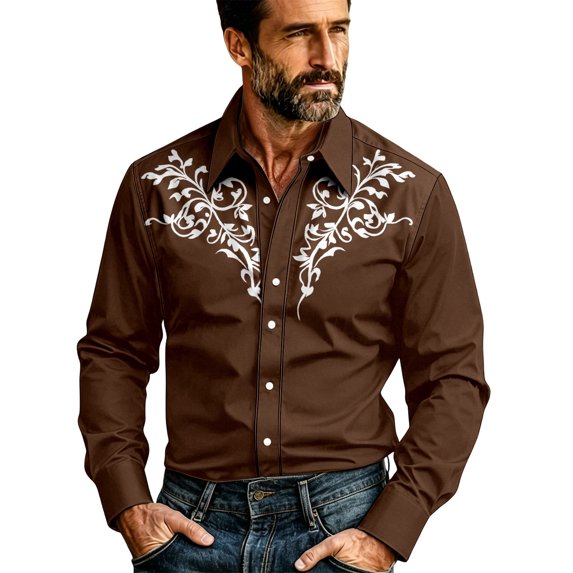 xfsWaSs Men's Western Cowboy Shirt Vintage Print Long Sleeve Shirts Slim Fit Casual Button Down Shirts Oktoberfest Festival Outfit Fashion Party Tops