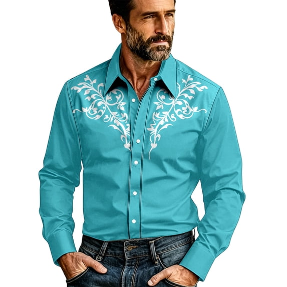 xfsWaSs Men's Western Cowboy Shirt Vintage Print Long Sleeve Shirts Slim Fit Casual Button Down Shirts Oktoberfest Festival Outfit Fashion Party Tops