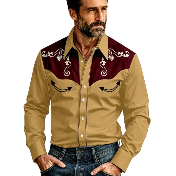 xfsWaSs Men's Western Cowboy Shirt Vintage Print Long Sleeve Shirts Slim Fit Casual Button Down Shirts Cowboy Style Festival Outfit Fashion Party Tops
