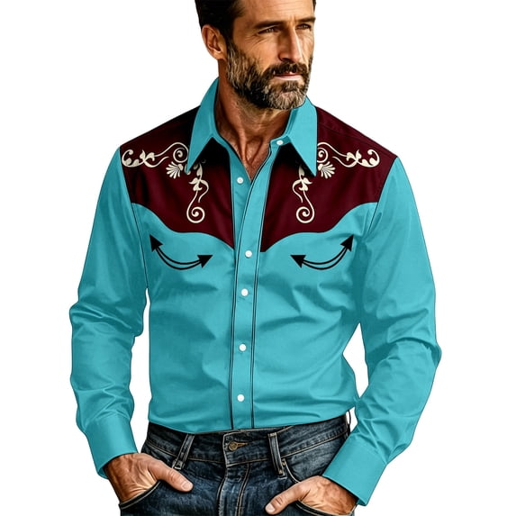 xfsWaSs Men's Western Cowboy Shirt Vintage Print Long Sleeve Shirts Slim Fit Casual Button Down Shirts Cowboy Style Festival Outfit Fashion Party Tops