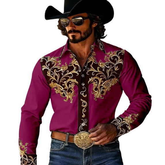 xfsWaSs Men's Western Cowboy Shirts Retro Print Western Shirt Long Sleeve Cowboy Collared Button Down Tops Casual Blouses Festival Party Shirts