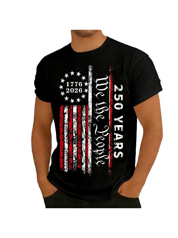 Mens 250th Anniversary T Shirts American Flag T-Shirt Patriotic Shirts Short Sleeve Tshirt 4th Of July Shirts Holiday Celebration Regular Fit Tshirt