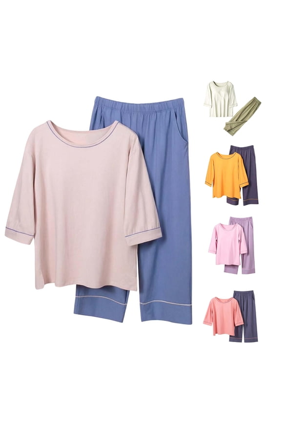 Pajamas for Women Set Plus Size Casual Loungewear Sets Round Neck 3/4 Sleeve Tops and Capri Pants Sleepwear Womens Pajama Sets