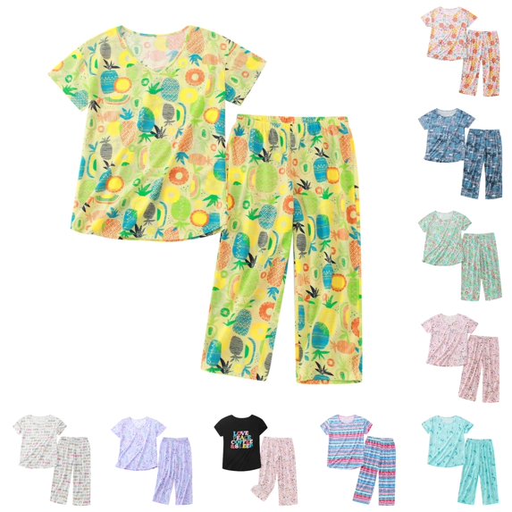 xfsWaSs Pajamas for Women Set Plus Size Sleepwear Short Sleeve Tops With Capri Pants Summer Pajama Sets Ladies Daily Loungewear