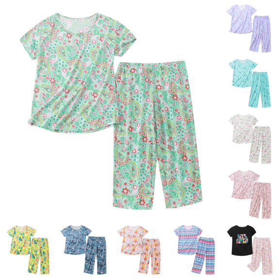 xfsWaSs Pajamas for Women Set Plus Size Sleepwear Short Sleeve Tops With Capri Pants Summer Pajama Sets Ladies Daily Loungewear