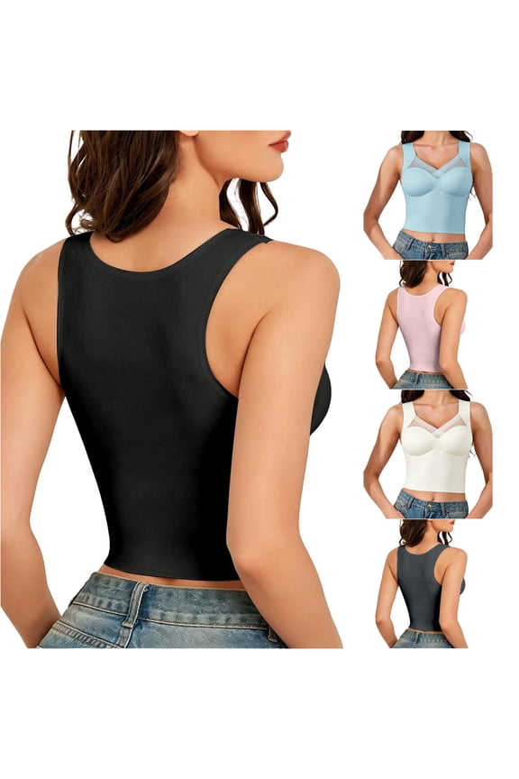 Racerback Crop Tank Tops for Women Padded Seamless Mesh Tank Top Built In Pads Casual Basic Undershirt Breathable Workout Tops