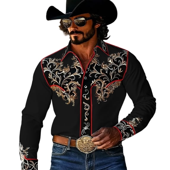 xfsWaSs Stylish Shirts For Men Western Cowboy Shirt Printed Casual Button Down Long Sleeve Shirt Classic Fit Dress Shirts Festival Party Tops