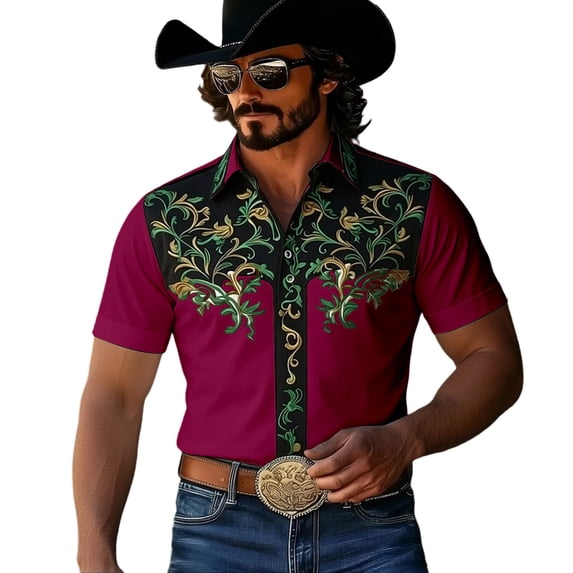 xfsWaSs Stylish Shirts For Men Western Cowboy Shirt Printed Casual Button Down Short Sleeve Shirts Comfortable Fit Blouses Festival Party Tops