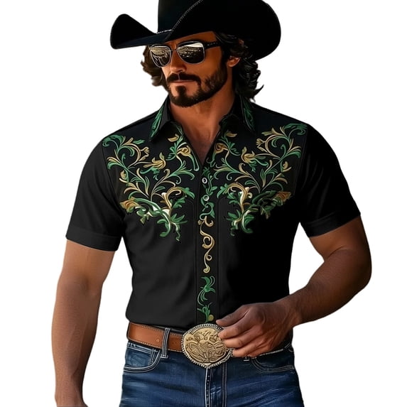 xfsWaSs Stylish Shirts For Men Western Cowboy Shirt Printed Casual Button Down Short Sleeve Shirts Comfortable Fit Blouses Festival Party Tops