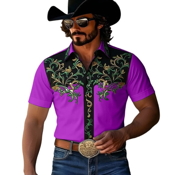 xfsWaSs Stylish Shirts For Men Western Cowboy Shirt Printed Casual Button Down Short Sleeve Shirts Comfortable Fit Blouses Festival Party Tops