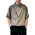 thumbnail image 1 of xfsWaSs Summer Men's Short Sleeve Shirts Ice Silk Drape Fashion Casual Tops Collarless Asymmetric Button Closure Blouses Streetwear Stylish Shirts, 1 of 3