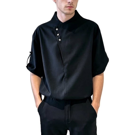 xfsWaSs Summer Men's Short Sleeve Shirts Ice Silk Drape Fashion Casual Tops Collarless Asymmetric Button Closure Blouses Streetwear Stylish Shirts