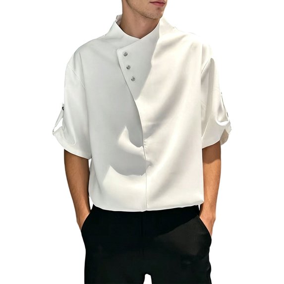 xfsWaSs Summer Men's Short Sleeve Shirts Ice Silk Drape Fashion Casual Tops Collarless Asymmetric Button Closure Blouses Streetwear Stylish Shirts