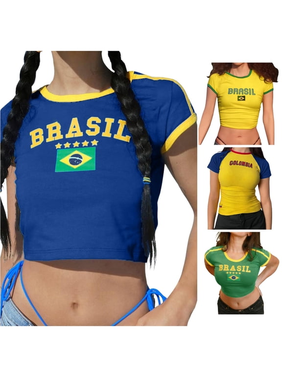Summer Tees for Women Brazil Crop Top T Shirts Short Sleeve Graphic Tshirts for Women 90S Streetwear Trendy Cropped T-Shirts