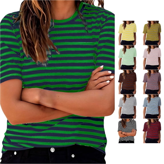 xfsWaSs T Shirts for Women Casual Short Sleeve Striped T Shirt Crewneck Tops Summer Tees Everyday Comfortable Stylish Tshirts