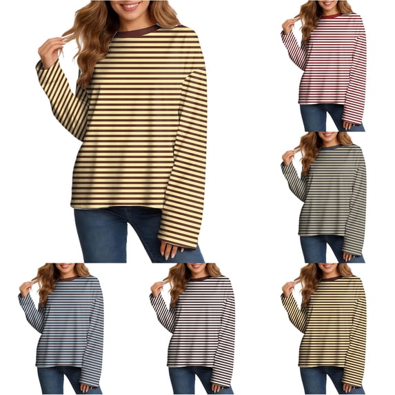 xfsWaSs T Shirts for Women Oversized Striped Long Sleeve T Shirt Fashion Crewneck Tee Tops Loose Casual Tops Fall Clothes