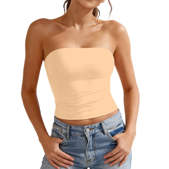 xfsWaSs Tank Tops For Women Sleeveless Solid Color Double Layer Strapless Camisole Top With Side Elastic Bands Comfortable Fit Trendy Summer Tops