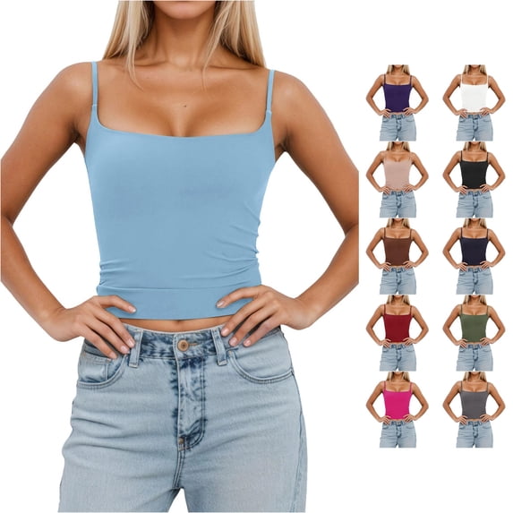 xfsWaSs Tank Tops for Women Built In Bra Slim Fitted Camisole Sleeveless Tank Top Padded Spaghetti Straps Shirts Layering Everyday Wear