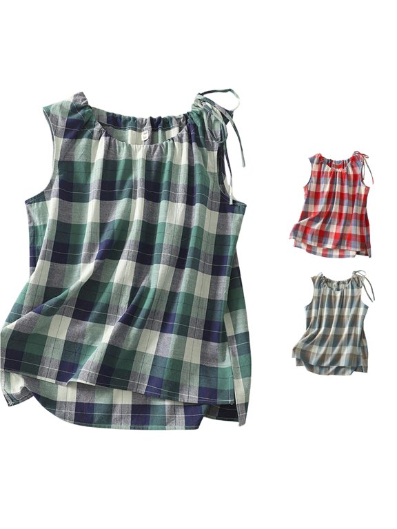 Tank Tops for Women Casual Plaid Shirt Round Neck Sleeveless Tank Top Tie String Bow Summer Tops Loose Fit Lightweight Blouse