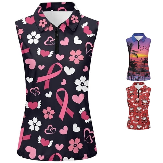 xfsWaSs Tennis Tank Tops for Women Casual Floral Print Sleeveless Golf Polo Shirt 1/4 Zip Collared Tops Lightweight Summer Blouse
