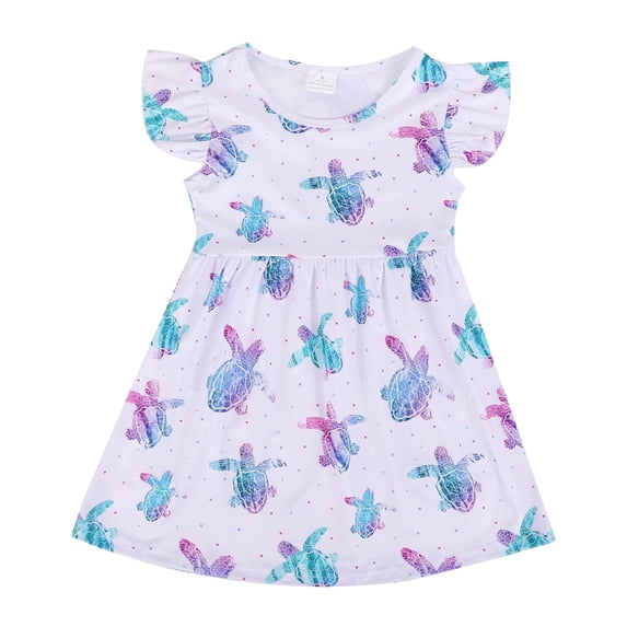 xfsWaSs Toddler Girls Dresses Ruffle Sleeve Casual Dress Cartoon Printed Summer Sundress Little Kids Lightweight Beach Dress 9-10 Years