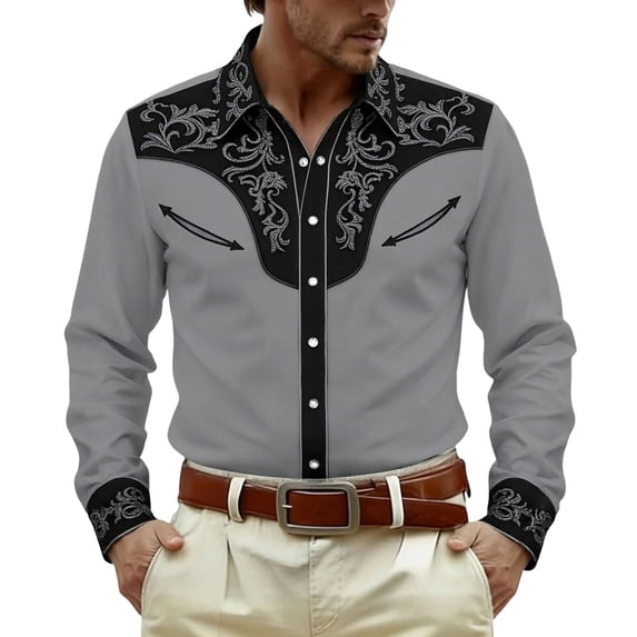 xfsWaSs Western Cowboy Shirts For Men Casual Button Down Long Sleeve Shirt Floral Embroidered Festival Shirts Holiday Celebration Retro Party Tops