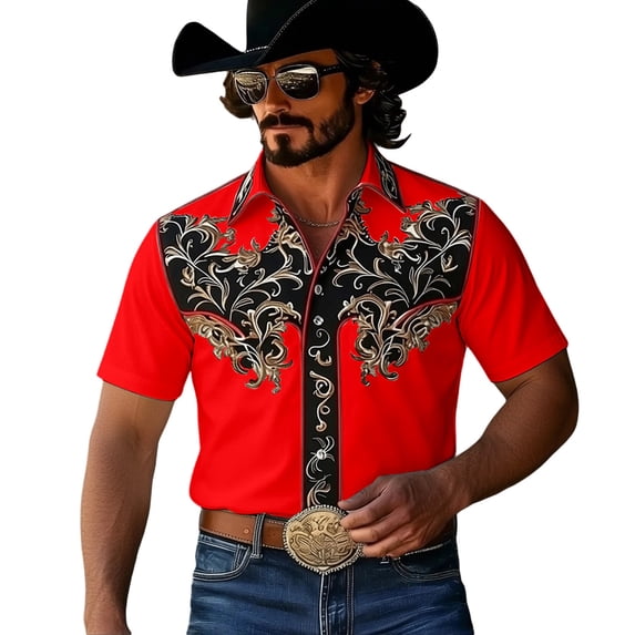 xfsWaSs Western Cowboy Shirts For Men Casual Button Down Short Sleeve Shirt Floral Embroidered Festival Shirts Holiday Celebration Retro Party Tops