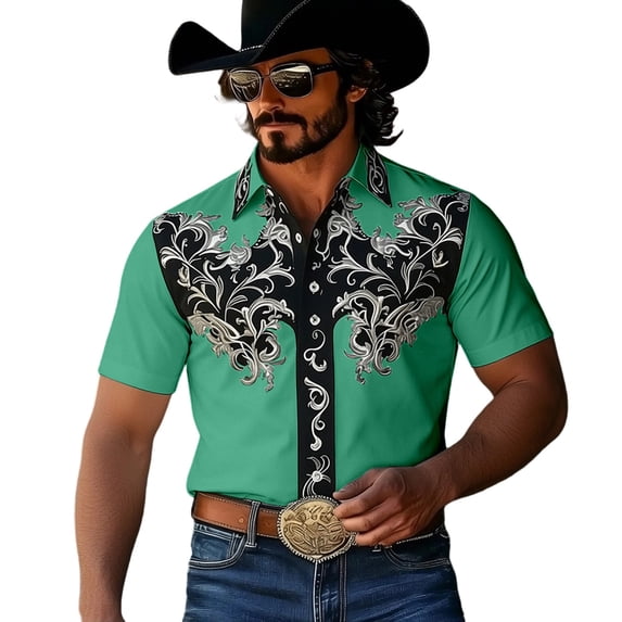 xfsWaSs Western Cowboy Shirts For Men Retro Printed Short Sleeve Shirt Comfortable Fit Casual Button Down Shirts Festival Party Formal Everyday Wear