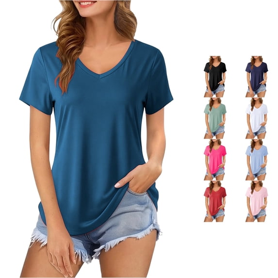xfsWaSs Women Casual Short Sleeve T Shirts V Neck Tunic Tops Solid Color Loose Fit Tee Shirt Curved Hem Everyday Basic T-Shirts