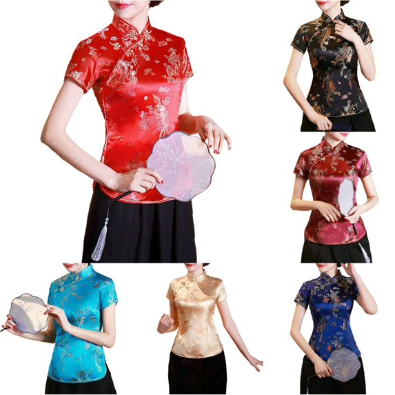 xfsWaSs Women's Blouses Cheongsam Shirt Short Sleeve Stand Collar Blouse Printed Traditional Ethnic Style Shirts Fashion Tops