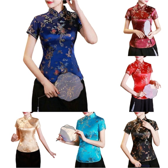 xfsWaSs Women's Blouses Cheongsam Shirt Short Sleeve Stand Collar Blouse Printed Traditional Ethnic Style Shirts Fashion Tops