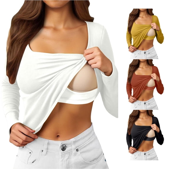 xfsWaSs Women's Fall Long Sleeve Square Neck T Shirts with Built In Bra Lightweight Basic T-Shirt Solid Color Everyday Casual Layering Tops