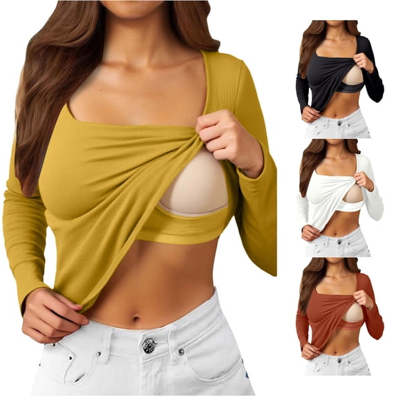 xfsWaSs Women's Fall Long Sleeve Square Neck T Shirts with Built In Bra Lightweight Basic T-Shirt Solid Color Everyday Casual Layering Tops
