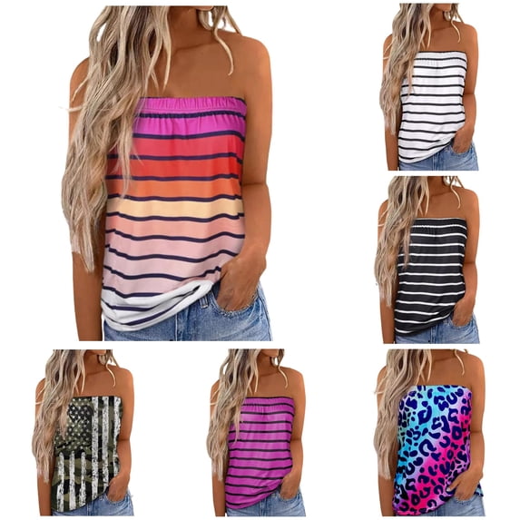 xfsWaSs Women's Tube Tops Striped Print Strapless Bandeau Tank Top Casual Sleeveless Summer Vacation Loose Shirt Womens Tank Tops