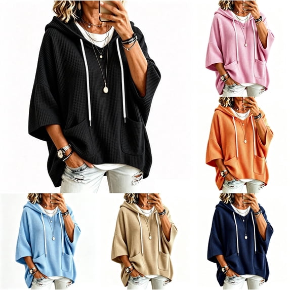 xfsWaSs Women's Waffle 3/4 Sleeve Hoodie with Pocket Oversized Drawstring Pullover Lightweight Sweatshirt Solid Color Loose Fit Casual Tops