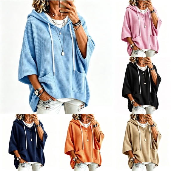 xfsWaSs Women's Waffle 3/4 Sleeve Hoodie with Pocket Oversized Drawstring Pullover Lightweight Sweatshirt Solid Color Loose Fit Casual Tops