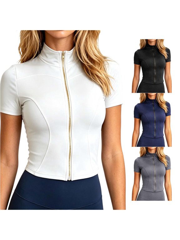 Women's Workout Tops Short Sleeve Full Zip Running Jacket Stand Collar Slim Fit Yoga Fitness Sports Jackets Activewear