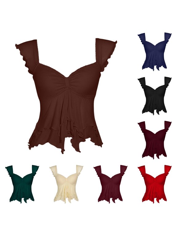 Womens Blouses Ladies Tops Ruffle Shirts Flutter Sleeves Shirt Everyday Solid Color Peplum Top Summer Fashion Clothes