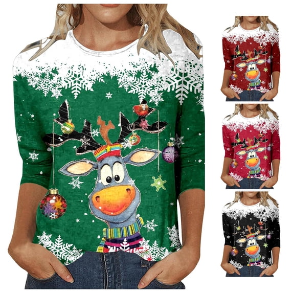 xfsWaSs Womens Fall Shirts Christmas 3/4 Sleeve T-Shirt Fashion Casual Round Neck T Shirts Xmas Holiday Graphic Tee Tops Soft Ladies Tshirts