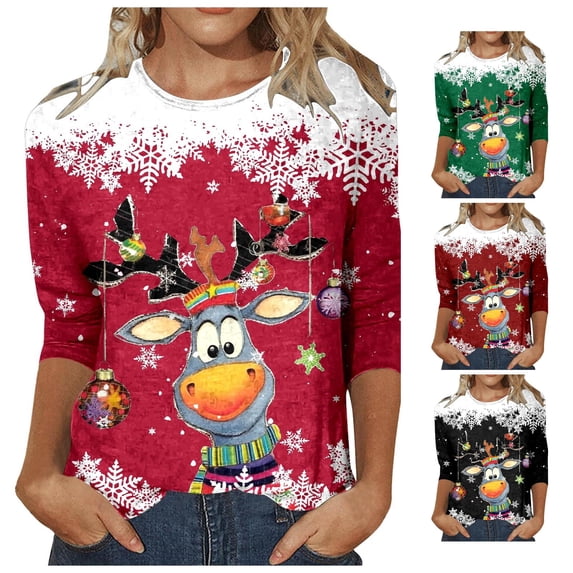 xfsWaSs Womens Fall Shirts Christmas 3/4 Sleeve T-Shirt Fashion Casual Round Neck T Shirts Xmas Holiday Graphic Tee Tops Soft Ladies Tshirts