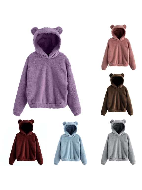Womens Hoodies Cute Bear Ears Hooded Sweatshirts Fuzzy Warm Pullover Tops Fall Winter Casual Hoodie Long Sleeve Soft Homewear