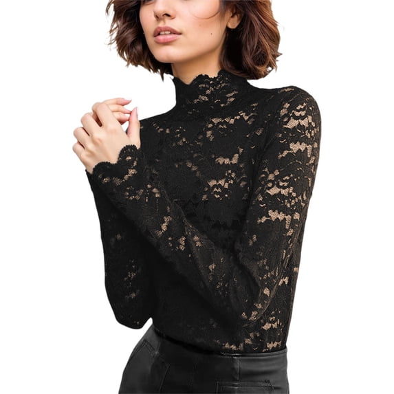 xfsWaSs Womens Long Sleeve Shirts Floral Lace Mesh Tops See Through Neck Sheer Blouses Slim Fit Basic Shirt Fall Clothes
