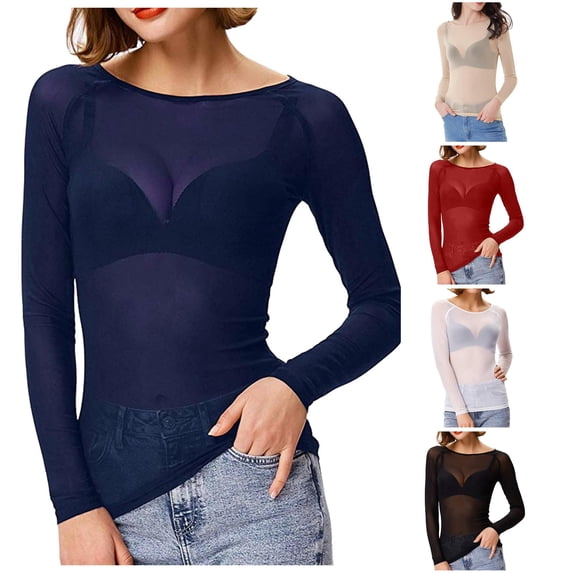 xfsWaSs Womens Mesh Tops Long Sleeve Shirts Crewneck Slim Fitted Tshirts See Through Blouses Fall Clothes Going Out Top