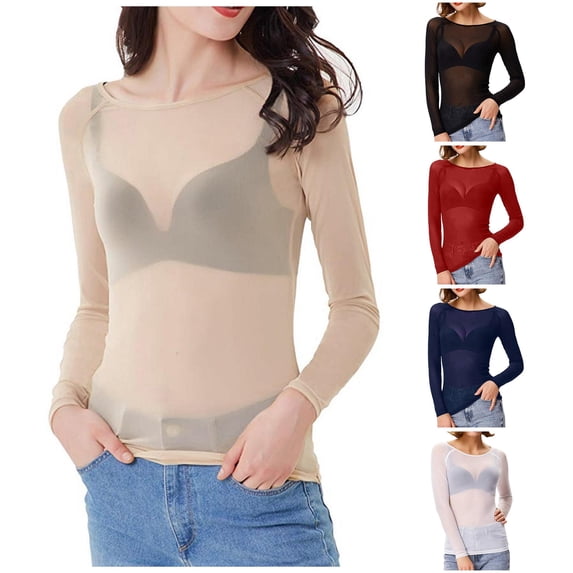 xfsWaSs Womens Mesh Tops Long Sleeve Shirts Crewneck Slim Fitted Tshirts See Through Blouses Fall Clothes Going Out Top