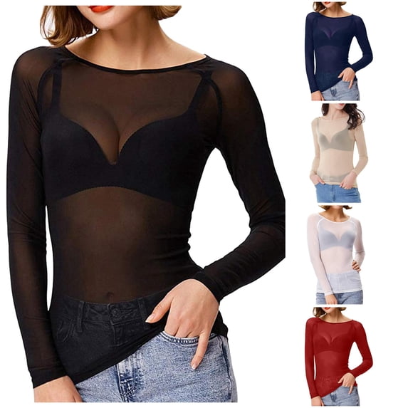 xfsWaSs Womens Mesh Tops Long Sleeve Shirts Crewneck Slim Fitted Tshirts See Through Blouses Fall Clothes Going Out Top