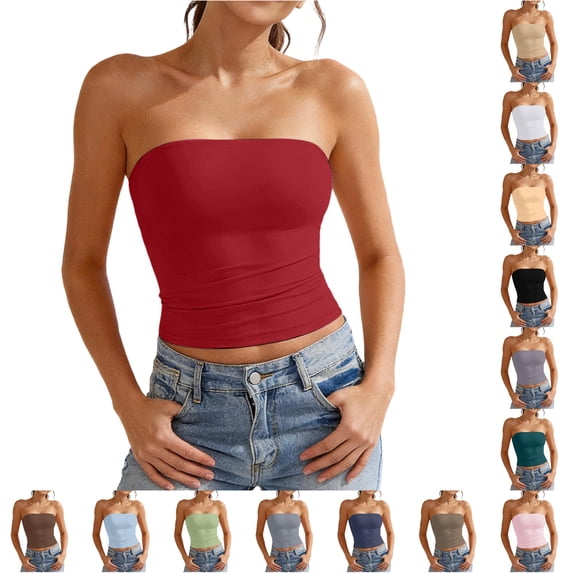 xfsWaSs Womens Strapless Tank Tops Backless Tube Tops for Women Summer Outfits Trendy Bandeau Crop Tops Basic Slim Fit Going Out Shirt