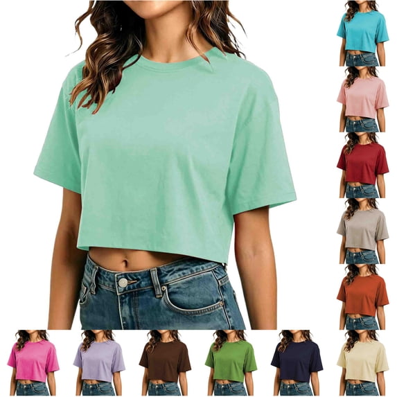 xfsWaSs Womens Summer Cropped T Shirts Short Sleeve Loose Fit Round Neck T-Shirt Solid Color Casual Tshirts Soft Basic Tees Crop Tops