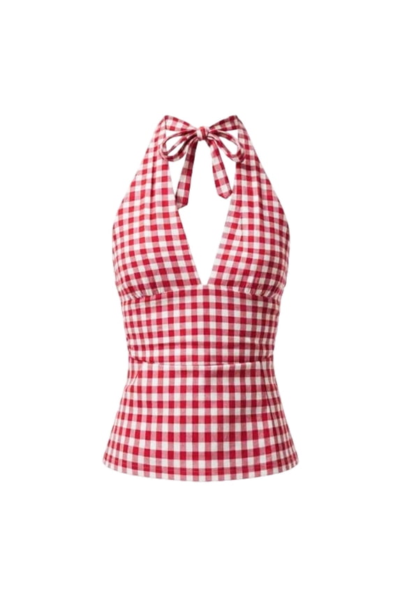 Womens Tank Tops Plaid Sleeveless Tie Backless Halter Top V Neck Ruffle Hem Tank Tops Slim Fit Summer Camisole Trendy Blouse Workout Camisole